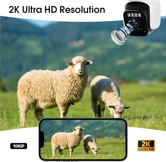 Dual Lens Dual Screen 2K Solar Security Camera Wireless Outdoor 360° View Battery Powered Camera with Spotlight Color Night Vision, PIR Sensor WiFi Home Security System (4G LTE)