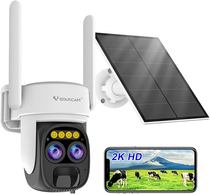 VSTARCAM Solar Camera Outdoor Wireless No Subscription, Dual Cameras, 2K UHD with 10× Zoom, 100% Wire-Free with Battery Powered, 360° Panoramic View, PIR Motion Detection, Siren, 2-Way Audio,IP66
