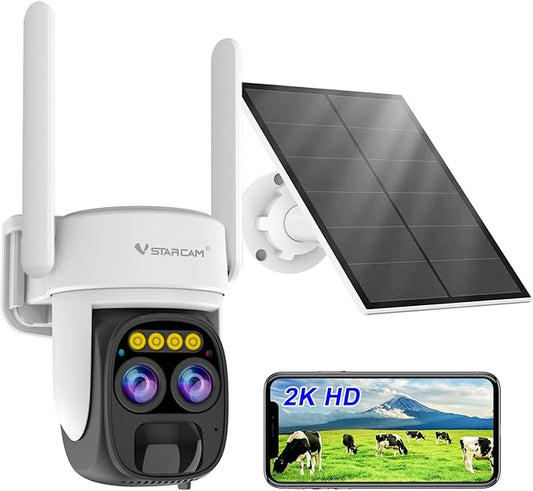 VSTARCAM Solar Camera Outdoor Wireless No Subscription, Dual Cameras, 2K UHD with 10× Zoom, 100% Wire-Free with Battery Powered, 360° Panoramic View, PIR Motion Detection, Siren, 2-Way Audio,IP66