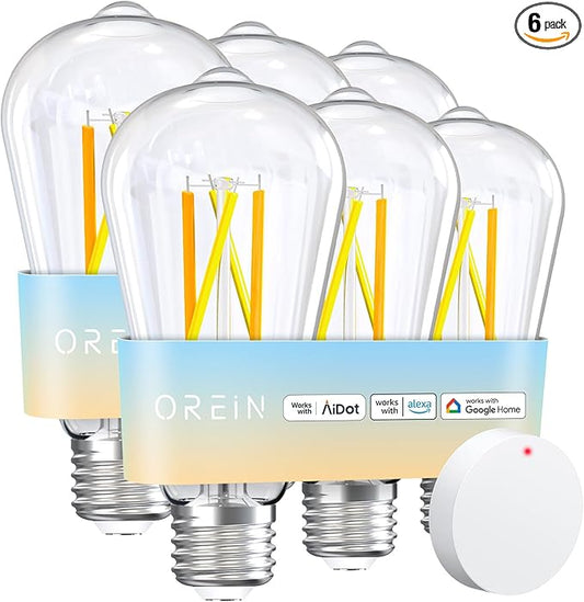 OREiN Smart Edison Light Bulbs with Smart Button, WiFi ST19(58) Vintage Light Bulbs E26 Base, 800lm Dimmable 2700K-6500K Tunable White, Smart Filament Bulb That Work with Alexa, 60W Equivalent, 6Pack