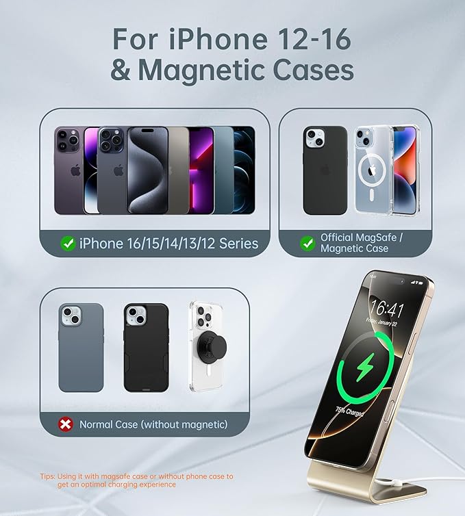 Magnetic Wireless Charger for iPhone 16/15/14/13/12 - Mag Charger+20W USB C Adapter, Fast Wireless Charging Stand/Pad with 5ft Cable for Phone 16/15/14/13/12 Pro Max Plus Mini, Gold