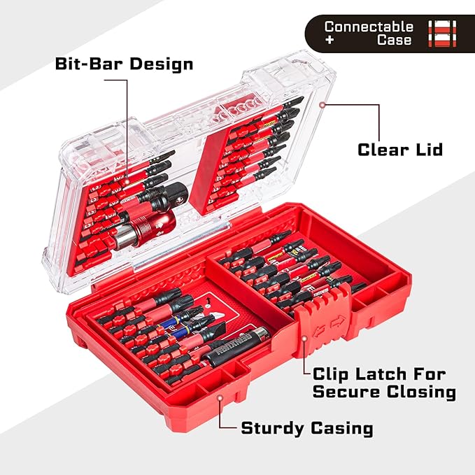 92Pieces Impact Screwdriver Bits Set, Magnetic S2 Steel 1”/2” Phillips/Square/Torx/Slotted/Hex/Pozi Bits Tips and Impact Bit Holder with Red Storage Box Case