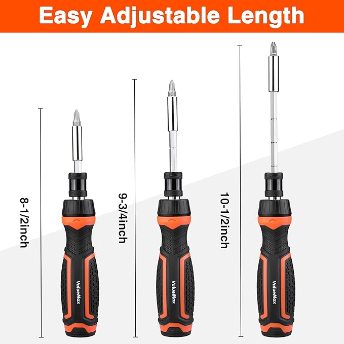 Valuemax Ratcheting Screwdriver, 9-In-1 Multi Screwdriver, Portable Ratchet Screwdriver Set, Adjustable Length, High-Strength Bits, Phillips, Slotted, Torx, Hex, Nut Driver