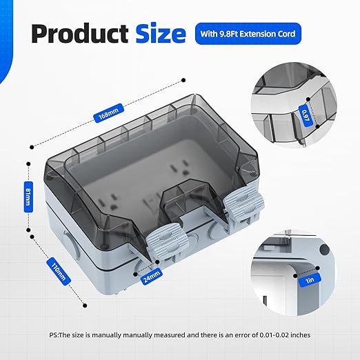 Outdoor Power Outlet Box with 9.8Ft Extension Cord, NEMA 5-15R, IP66 Waterproof Outlet Box 14AWG Wire Double Socket with Lockable Cover & LED Indicator for Garden & Outdoor Use