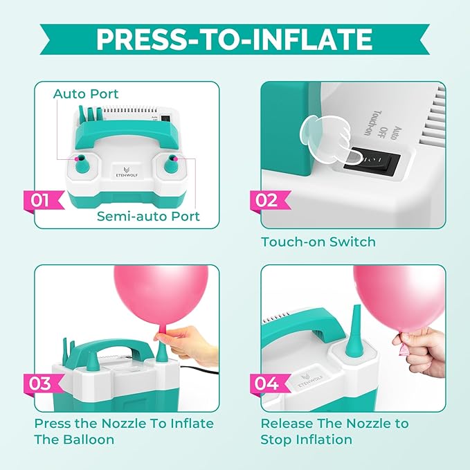 ETENWOLF P400 Balloon Pump Electric for Balloons with 2 Nozzles 110V 550W Balloon Blower for Party Metalic Latex Foil Balloons, Balloon Inflator for Birthday Decorations