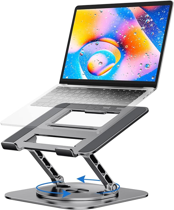 Laptop Stand for Desk, Ergonomic Laptop Riser with 360° Rotating Base, Aluminum Laptop Stand, Adjustable Foldable Laptop Holder Compatible with MacBook Air Pro, Dell XPS, 10-17" Laptops, Grey