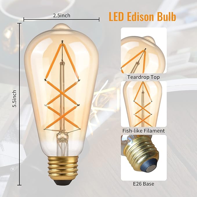 OMED Dimmable LED Vintage Edison Bulbs, ST64 2700K Soft White Fishbone Filament Antique Edison Bulbs Whit E26 Base 60 Watt Equivalent, 6W 600LM Old Fashioned Amber Glass Spiral Light Bulbs 12 Pack