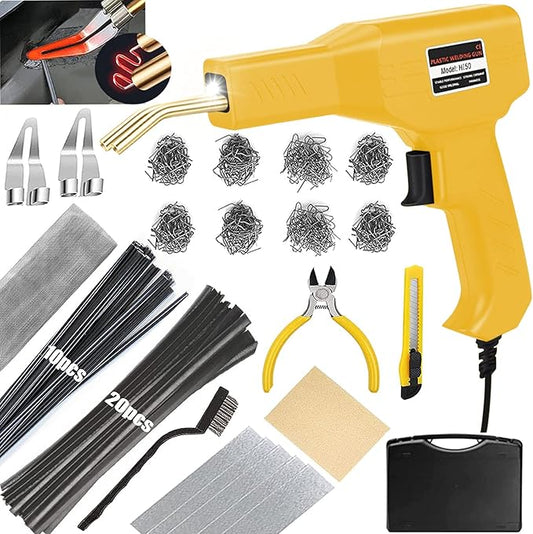 Upgraded 220w Plastic Welder Bumper Repair Kit,2-in-1 Plastic Welding Kit 800PCS Hot Staples & 30pcs Plastic Welding Rods,Hot Stapler Plastic Repair Kit for Car Bumper Kayak Crack Repairs(yellow)