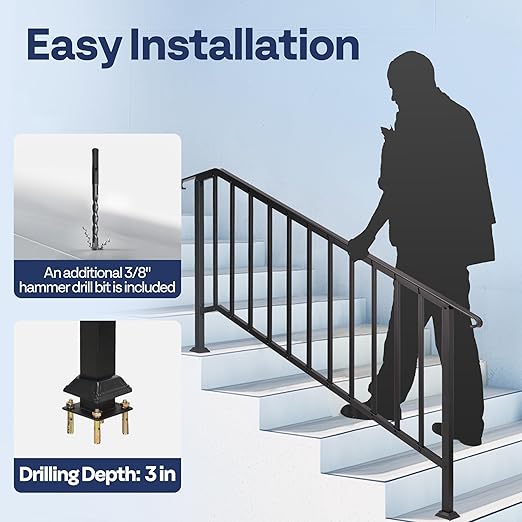 VIVOHOME 2-Pack 6 Step Galvanized Steel Hand Rails for Outdoor Steps – Curved Ends and Safety Balusters Exterior Railing for Porch, Deck, or Indoor Stairs, Complete Installation Kit