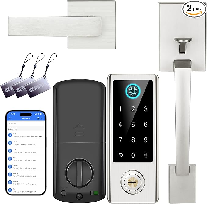 Fingerprint Door Lock with Handle Sets, BEBASIA Keyless Entry Door Lock, Bluetooth Front Door Lock Set, Smart Deadbolt, Electronic Keypad Digital Deadbolt with Handle, Satin Nickel