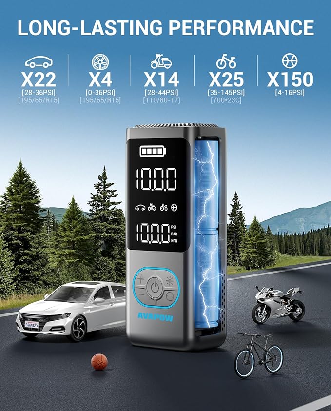 AVAPOW Tire Inflator Portable Air Compressor, 150 PSI Cordless Car Tire Air Pump with Pressure Gauge, 3.7″ LCD Screen, Auto-Shuts Off Tire Pump for Car, Motorcycle, Bike, Balls