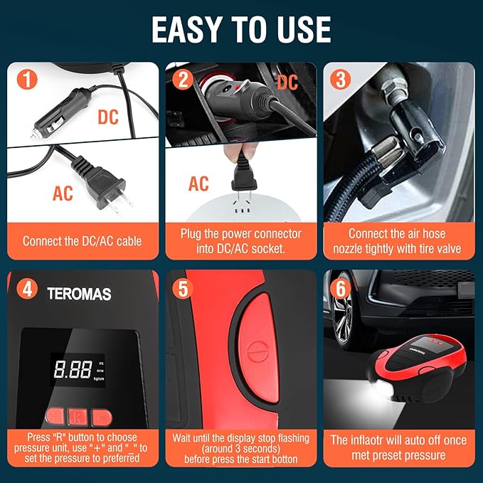 TEROMAS Tire Inflator Portable Air Compressor, Air Pump DC/AC for Car Tires 12V DC and Other Inflatables at Home 110V AC, Digital Electric Tire Pump with Pressure Gauge(Red)