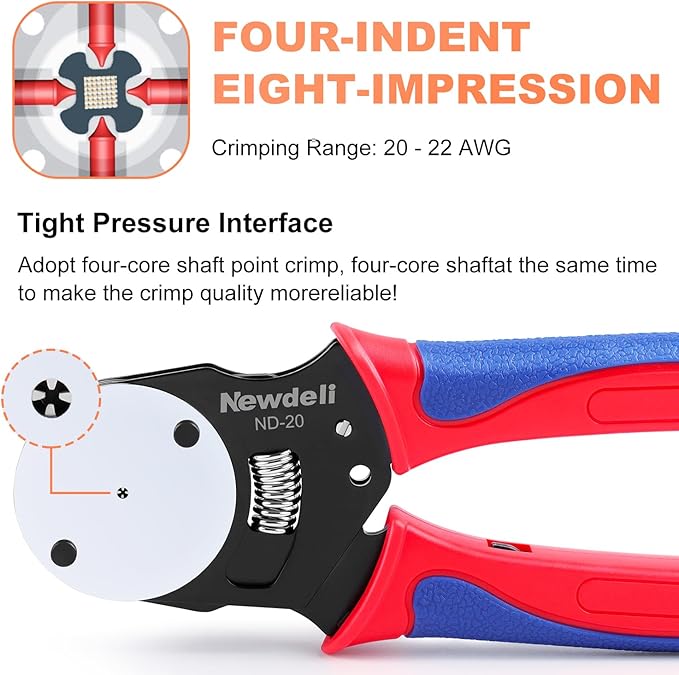 Newdeli Deutsch Crimp Tool Size 20 Deutsch Connector Tool 4 Way Indent 8 Impression Type Closed Barrel Crimper 20 22 AWG Solid Barrel Contact & Circular Connector Contacts Pin Crimping Tool