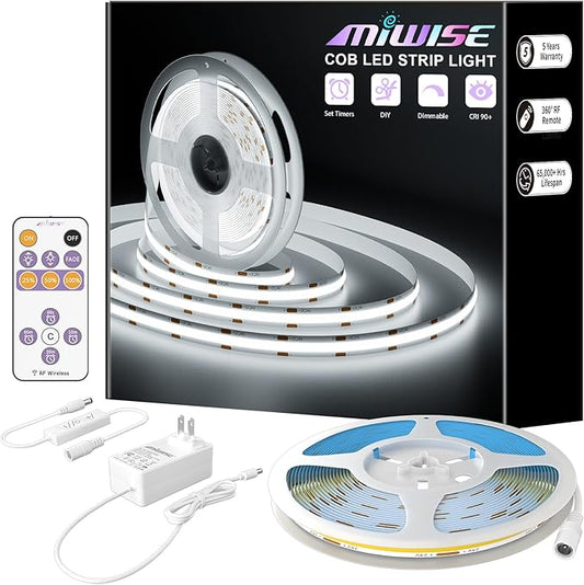 MIWISE White LED Strip Lights,COB LED Strip Light 6000K Daylight White,Dimmable 32.8ft 24V LED Tape Lights,Flexible Super Bright Strip Lighting with Remote for Under Cabinet,Mirror,Bedroom,DIY Project