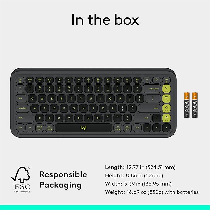 Logitech POP ICON Keys Wireless Bluetooth Keyboard, Comfortable Typing, Programmable Keys, Easy-Switch Between up to 3 Devices, for Laptop, Tablet, PC – Graphite and Green