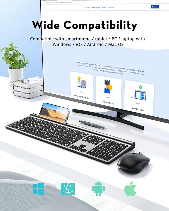 Samsers Wireless Keyboard and Mouse Combo, Ultra Slim Rechargeable Dual-Mode (Bluetooth 5.0x2 +2.4G) Silent Keyboard and Mouse Set, Multi-Device Full-Size Compact Design for MacOS/iOS/Android/Windows