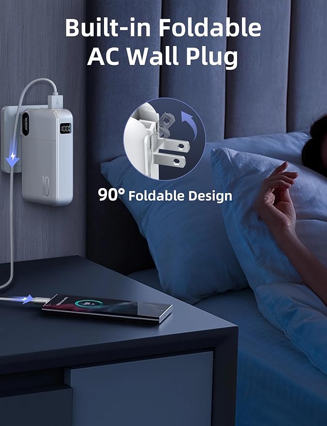 RORRY Portable Charger Built in Cables, AC Wall Plug In Portable Charger Power Bank 10000mAh Travel Battery Pack 22.5W Fast Charging for iPhone 16/15/14 Samsung Galaxy S24/S23/S22 Pixel LG iPad, White