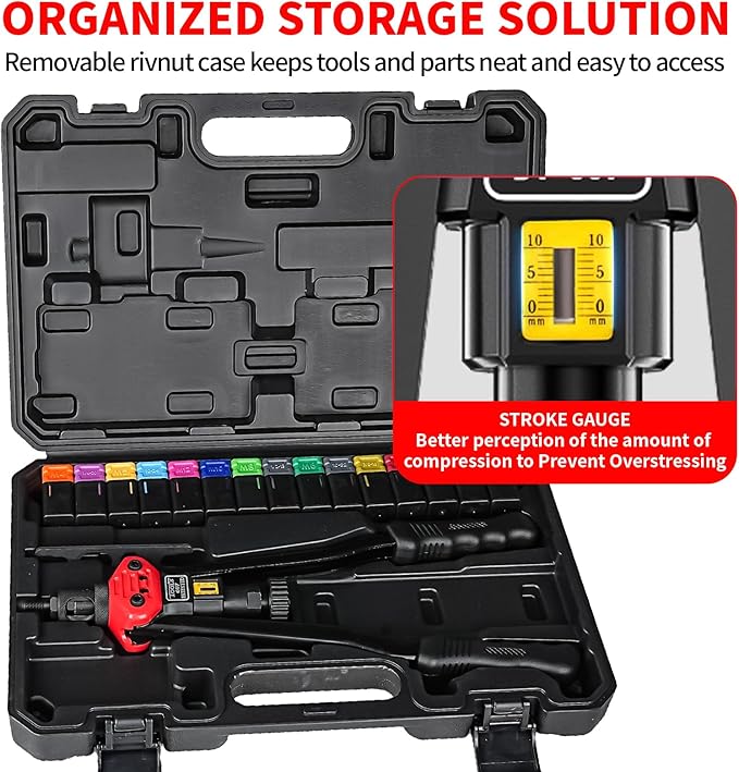 Rivet Nut Tool Kit, 16-Inch Rivnut Tool with 15 Metric & SAE Mandrels and Rivet Nut Gun, Rivnut Tool Kit Assortment, Nutsert Tool Kit with Carrying Case (UK-MZTZ0104)