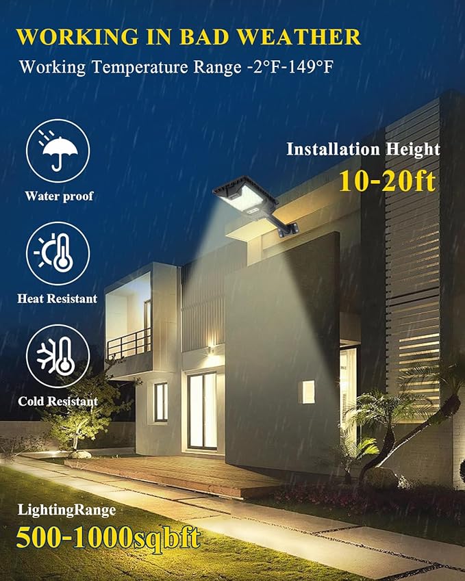 Solar Street Light Outdoor, 20000LM 6500K Waterproof Motion Sensor LED Solar Powered Flood Light with Remote Control,Dusk to Dawn Commercial Area Lighting for Outside Parking Lot, 2-Pack