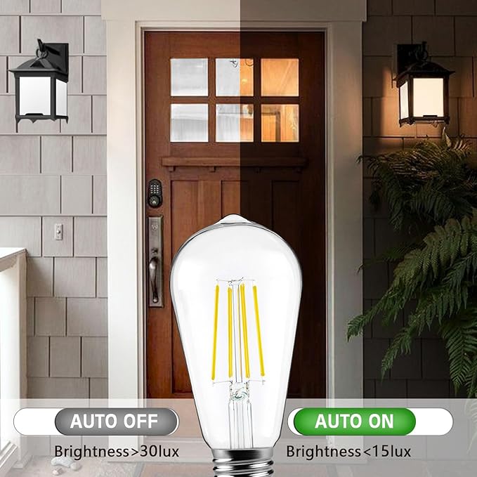 FAGUANGAO ST64 LED Dusk to Dawn Light Bulbs Outdoor,6W 60W Equivalent,2700K Warm White,650 Lumens E26 Edison Filament Photocell Sensor Bulb,Auto On/Off Vintage Bulbs for Porch,Patio,Garage,4 Pack