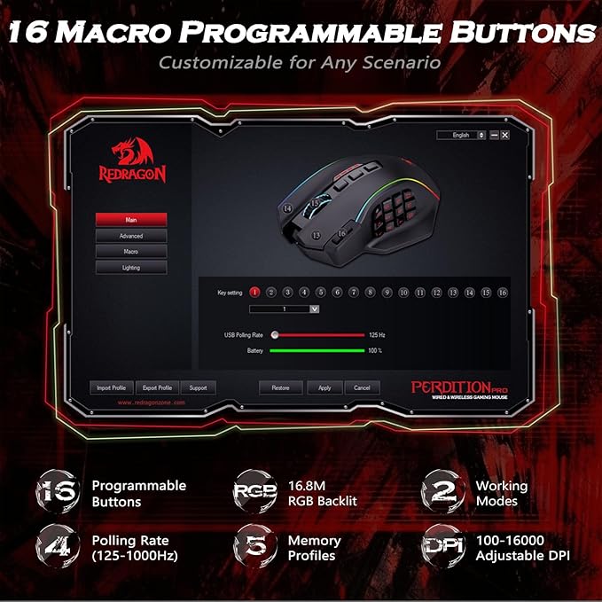 Redragon Wireless Gaming Mouse, MMO Gaming Mouse UP 16,000 DPI, 16 Macro Programmable Buttons, RGB Rechargeable with 12 Side Buttons, 70Hrs for PC Laptop MOBA FPS, M901P-KS