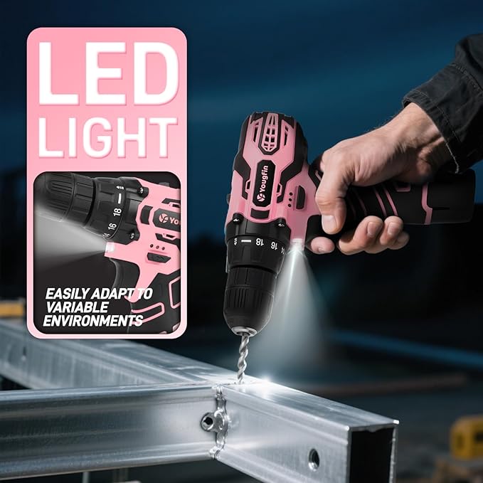 YOUGFIN Pink Drill Set for Women, Tool Kit with Drill 12V or Home Office Repairing & Improvement, Household Drill Set Power Tool with Pink Tool Box 195 Pieces