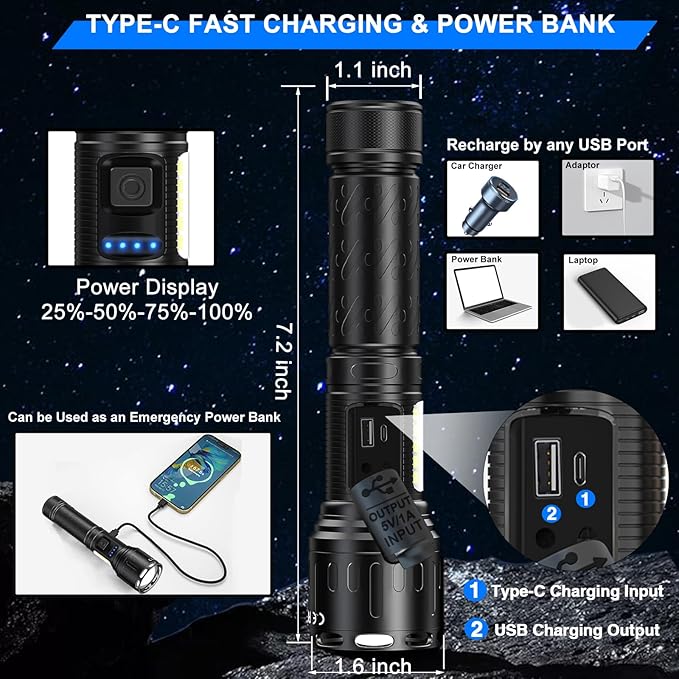 Rechargeable Magnetic Flashlights High Lumens, Super Bright LED Powerful Flashlight 8 Modes with COB Work Light, Waterproof Handheld Flash Light for Camping (2 Pack with Paper Box, Black)