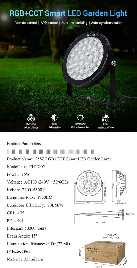 LGIDTECH FUTC05 25W RGB+CCT Outdoor LED Landscape Garden Spotlight AC100-240V Million Colors Changing,Color Temperature Adjustable,Memory Function.Remote,Wall Panel,Hub is Sold Separately
