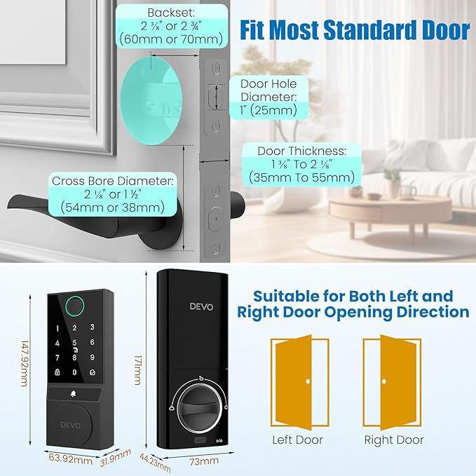 DEVO G3 Smart Lock,Fingerprint Door Lock, WiFi Smart Deadbolt, Keyless Entry Door Lock with Doorbell, APP Remote, Auto-Locks, Easy Install Front Door Locks, IP54 Waterproof(Sliver)