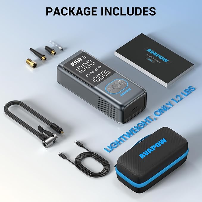 AVAPOW AP18 Tire Inflator Portable Air Compressor, 300% Faster 150 PSI Cordless Air Pump with Tire Pressure Gauge, 3.7″ Dual LCD Screen, Auto-Shuts Off Tire Pump for Car, Motorcycle, Bicycle, Blue