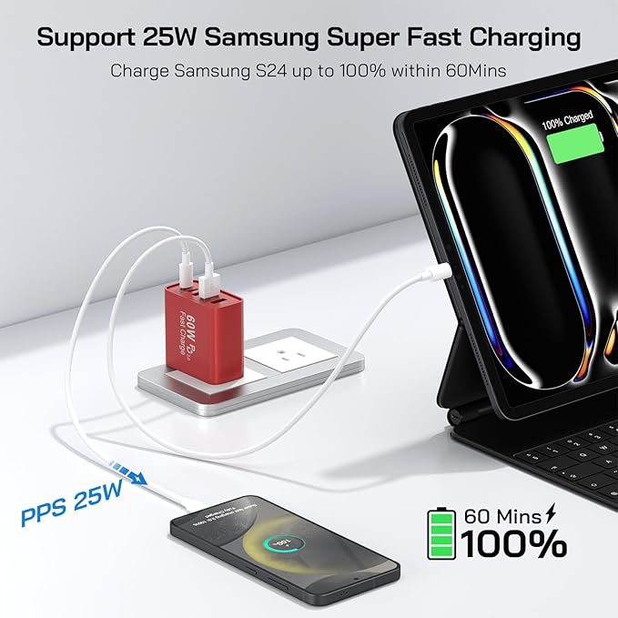 2Pack USB C Fast Charger Block, 60W 5-Port USB C Wall Charger 30W Type C Charging Block, 2USB C+3USB A PPS/PD 3.0 Multiport Charging Cube for iPhone 16 15 14 13 Pro Max,for Galaxy S25 S24 Ultra, i Pad