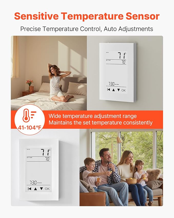 VEVOR 7-Day Programmable Thermostat, Home Thermostats for Radiant Underfloor Heating Cable, Heat Pump, with GFCI & Sensitive Sensor, LCD Touchscreen, Energy-Efficient, Gray-White (Without WiFi)