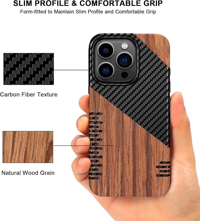 TENDLIN Compatible with iPhone 15 Pro Max Case Wood Grain with Carbon Fiber Texture Design Leather Hybrid Slim Case (Twill)