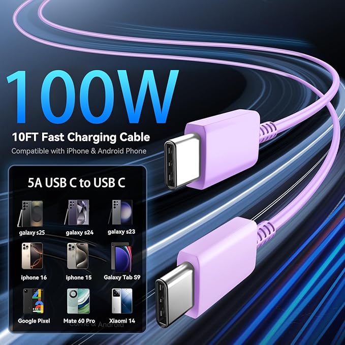 45W USB-C Super Fast Charger, 2-Port 45 Watt Type C Charger Fast Charging Block with 10FT USB C Cable Cord for Samsung Galaxy S25 Ultra/S25+/S25/S24/S23 Ultra/S23+/S22 Ultra/S22+/S20 Ultra-Purple