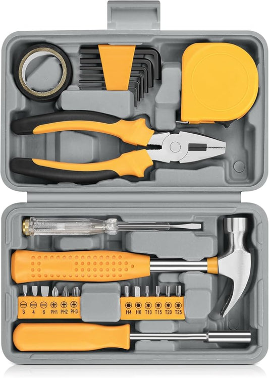 24 Piece Small Tool Kit for Men and Women, Mini Hand Tool Set with Storage Box for Home, DIY, Office, Garage(Yellow)