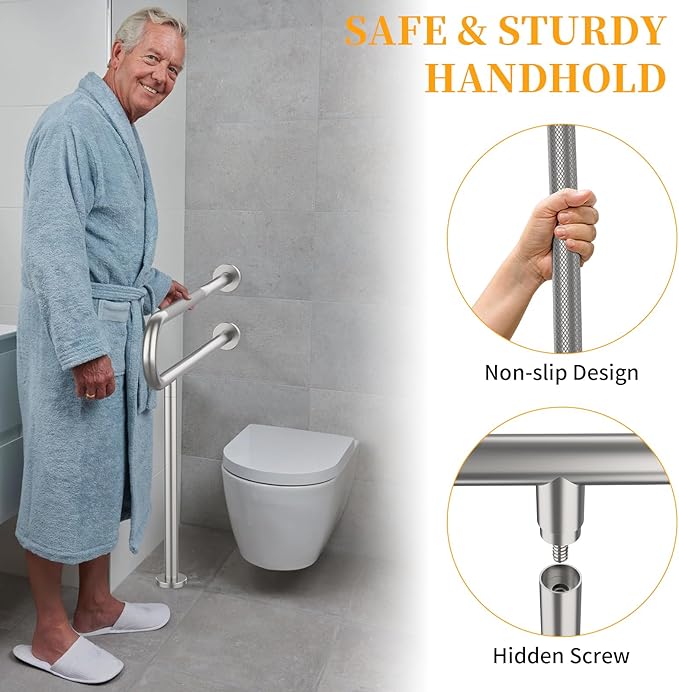 Toilet Grab Bar 31.3 Inch, YuanDe Wall to Floor Brushed Nickel Bathroom Safety Bar w/Anti-Slip Knurled Grip, Stainless Steel Handicap Grab Bar with Leg,Support Bar for Disabled Elderly Pregnant