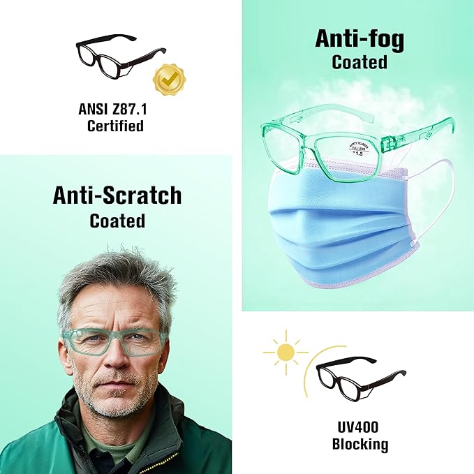 ProtectX Stylish Anti-Fog & Scratch-Resistant Safety Glasses With Readers, UV Protection Goggles, Anti-Impact Lightweight Glasses for Men＆Women Jade Reading 1.5-6 Pack