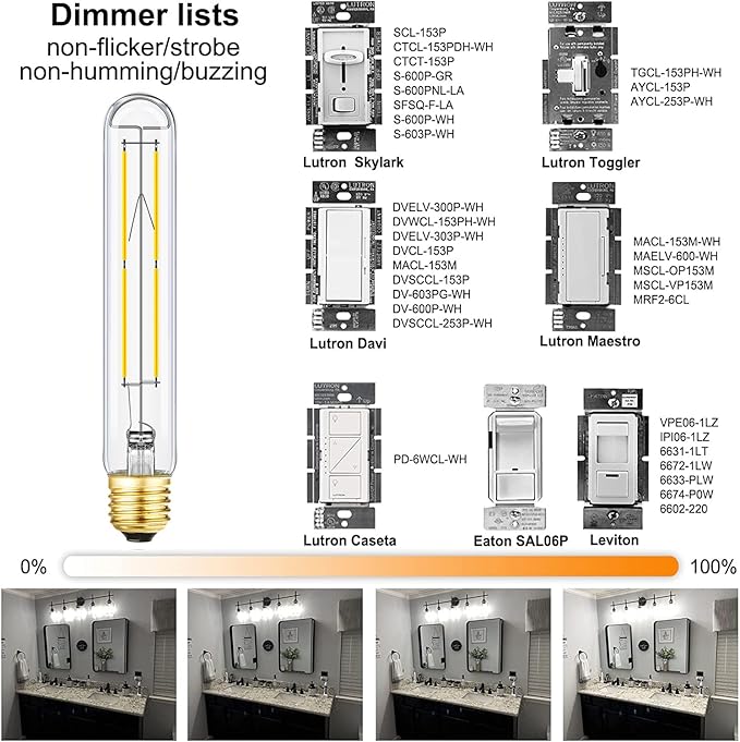 Leools Dimmable E26 Edison Bulb 8W Equal 75 watt Light Bulb AC120V Daylight 4000K Edison Light Bulbs 75 Watt 800LM Tubular T10 led Bulb for Rustic Pendant,Chandeliers,Wall sconces,Vanity 6Pack