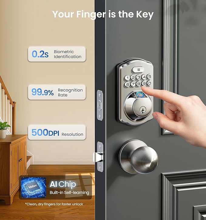 Veise Fingerprint Door Lock, Keyless Entry, Auto Lock, Electronic Keypad Deadbolt for Front Door, Biometric, Anti-Peeking Password, Easy Install, Satin Nickel