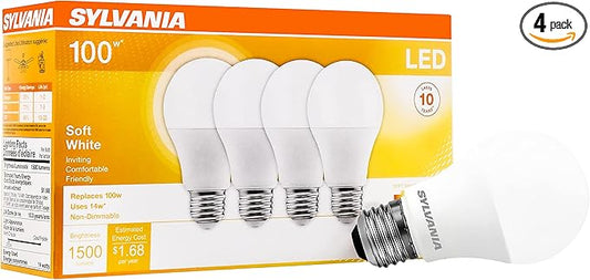 SYLVANIA LED A19 Light Bulb, 100W = 14W, Non-Dimmable, Frosted Finish, 1500 Lumens, 2700K, Soft White - 4 Pack (78101)