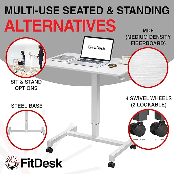 FitDesk Portable Laptop Desk, Rolling Standing Workstation Adjustable Height, Compact Standing Table with Large Surface, Small Stand Desk for Home Office, 30 lb Weight Limit – White, 27" Tabletop