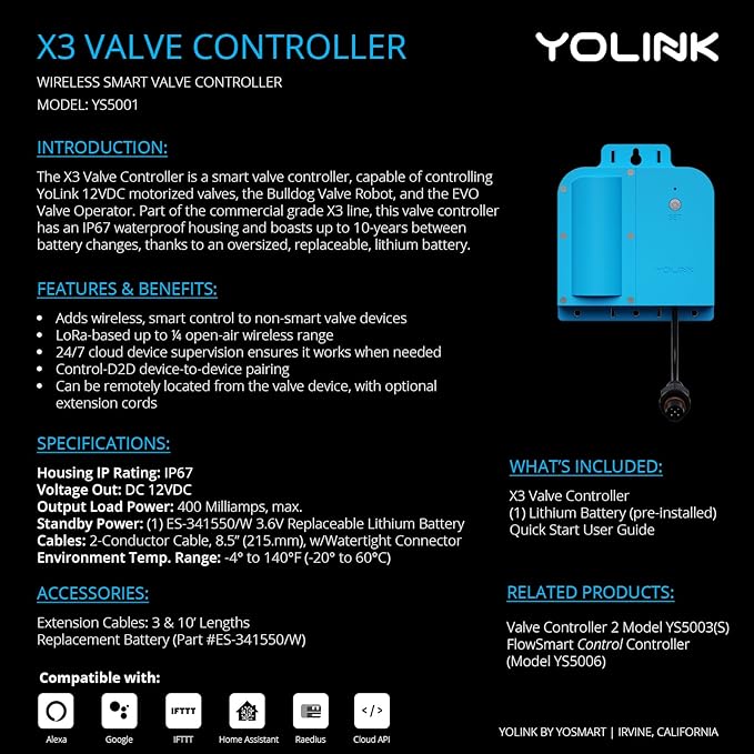 NSF Certified YoLink X3 Valve Controller Kit, 3/4" Stainless Ball Valve, LoRa Long Range, 10+ Year Lithium, D2D with Leak Sensors & Fob, Alexa/IFTTT/Home Assistant, Hub Required