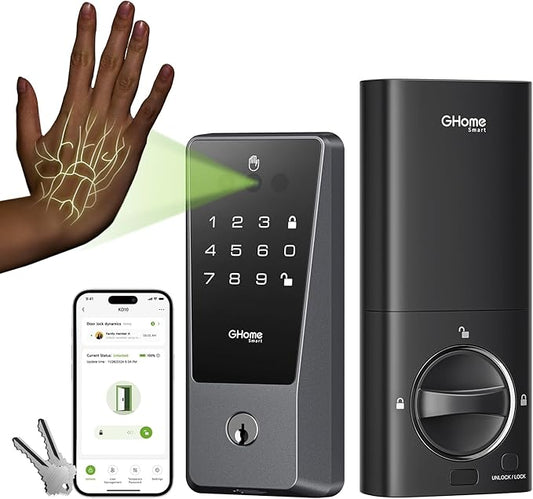 GHome Smart Door Lock with WiFi, Palm Vein Smart Locks for Front Door, 5 in 1 Keyless Entry Door Lock, Alexa Control, Auto Lock, Built-in WiFi, Rechargeable Battery, Smart Deadbolt.