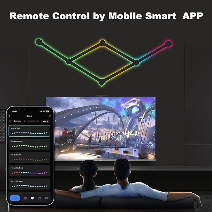 Smart Wall Light Lines, WiFi RGB LED Bars, 16M+ Color Dimmable Music Sync DIY Home Decor for Gaming Party Streaming Lovers, Compatible with Alexa & Google Assistant (6 Lines, Black)