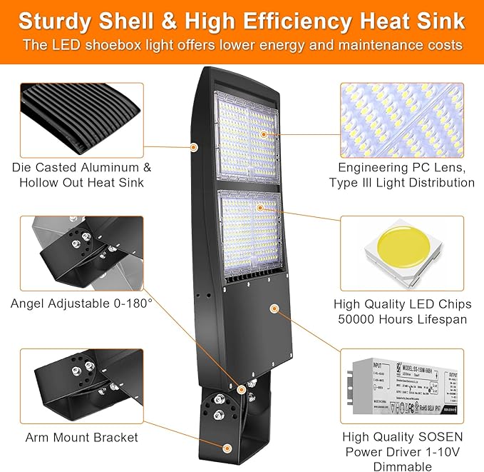 480V 300W LED Parking Lot Lights, 42000LM LED Shoebox Street Light Flood Light (1000W MH/HPS Equiv.), 5000K Dimmable Commercial Area Lighting with 20KV Surge Protection, IP65 277-480V UL&DLC Listed