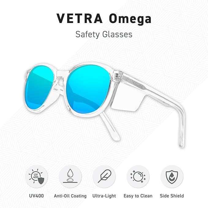VETRA Omega Z87+ Safety Glasses UV400 Side Shield Anti-Oil Coating CP Frame Eyewear
