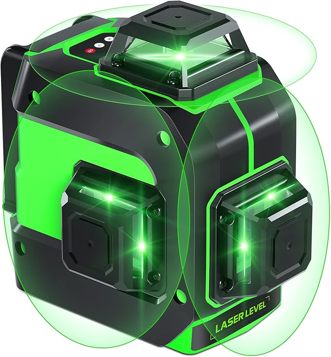 Laser Level, 3x360° Self Leveling Green Cross Line Laser for Construction and Picture Hanging with Rechargeable battery, Remote Controller, Magnetic Rotating Stand-black
