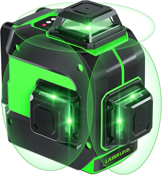 Laser Level, 3x360° Self Leveling Green Cross Line Laser for Construction and Picture Hanging with Rechargeable battery, Remote Controller, Magnetic Rotating Stand-black