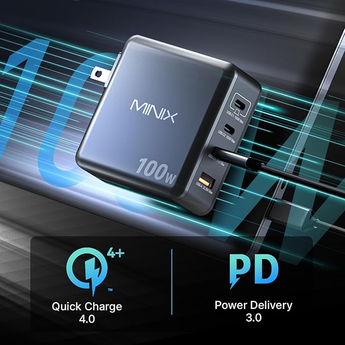 MINIX 100W USB C Charger, 4-Port USB-A/C Foldable Fast Gan Charger (Max 100W/30W/22.5W), Compatible with MacBook Pro/Air, iPad, iPhone 15/16 Pro, Galaxy S24, and More for Home, Traveling