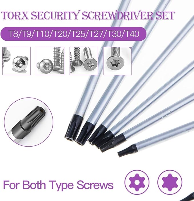 BOENFU Torx Star Screwdriver Set 13 PCS Heavy Duty T10 T20 Torx Security Screwdriver, T5 T15 T6 T8 T25 T30 T7 T27 T40 T9 T4 Star Shaped Drivers Set Fit Tamper Proof Screw, Purple